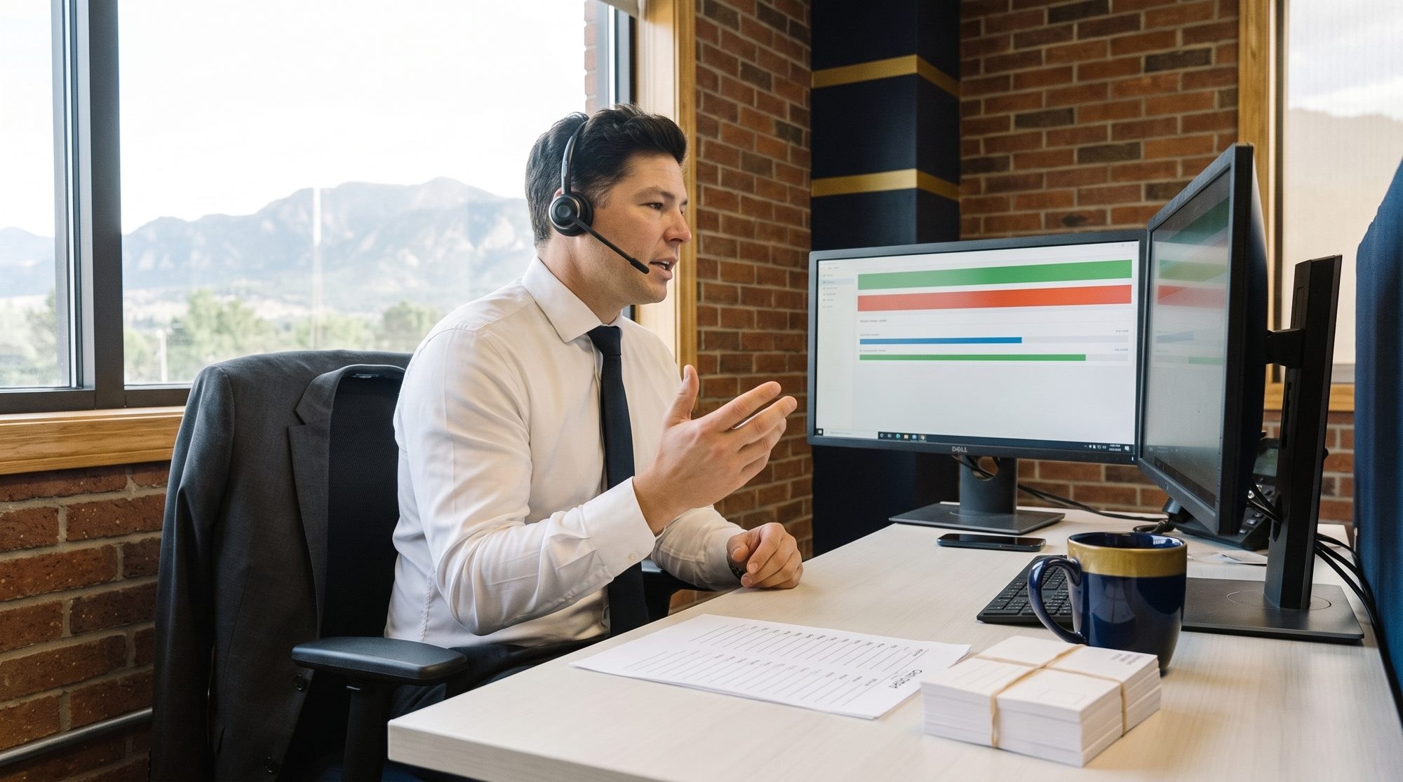 An agent on a headset making calls at a desk with a stack of mailers