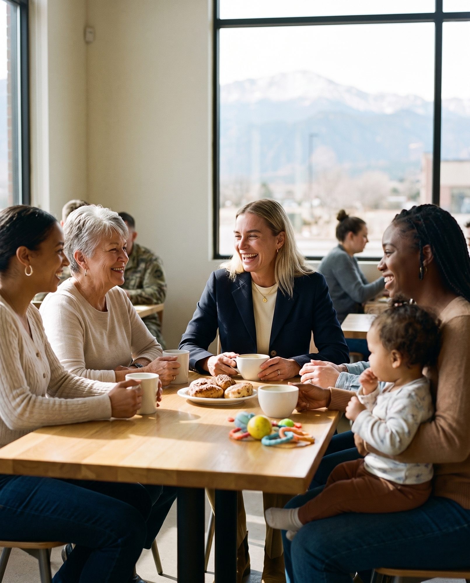 Military spouses talking over coffee with Pikes Peak in the window