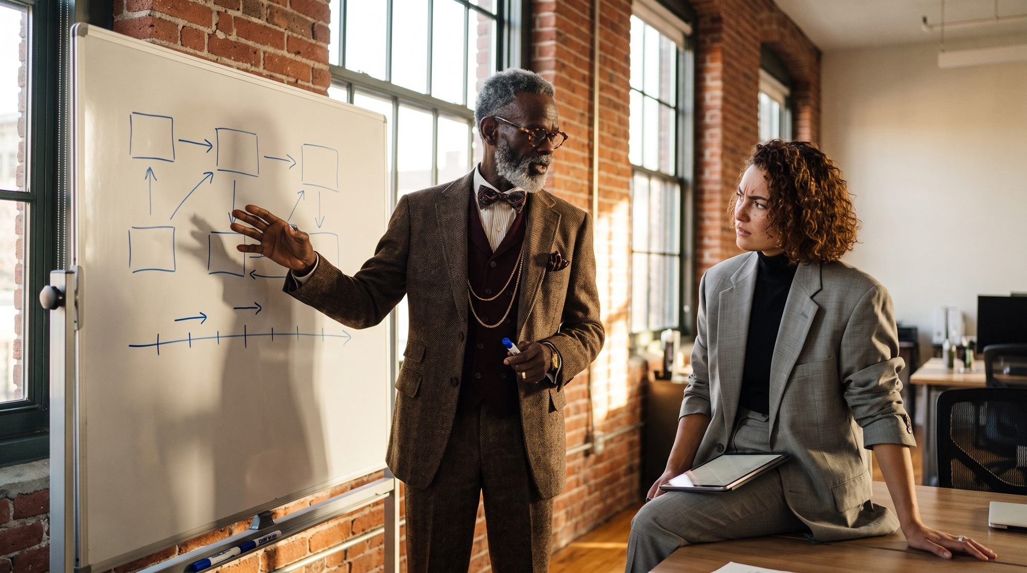 An agent explaining a diagram on a whiteboard to a newer agent