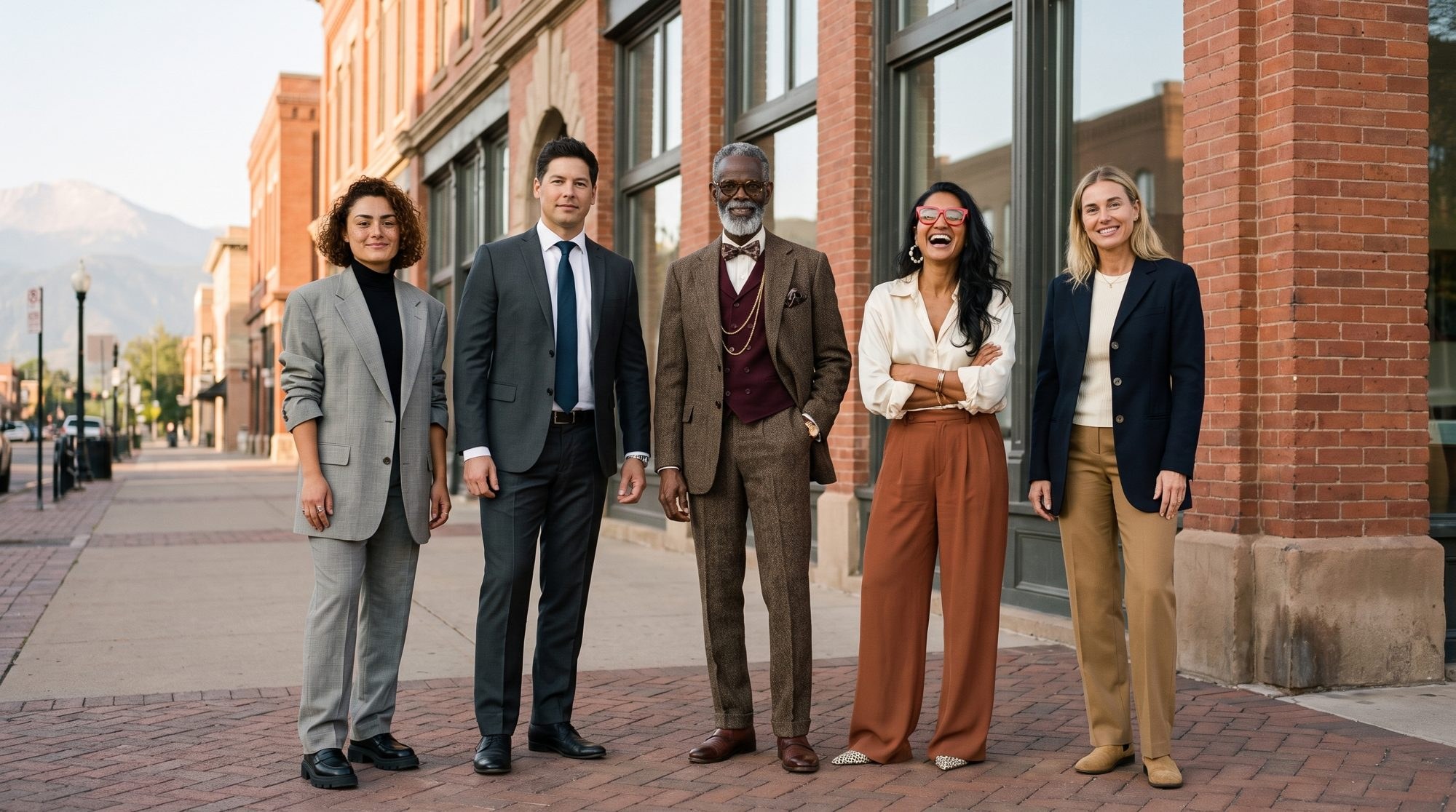 Five agents standing together on a downtown Colorado Springs sidewalk